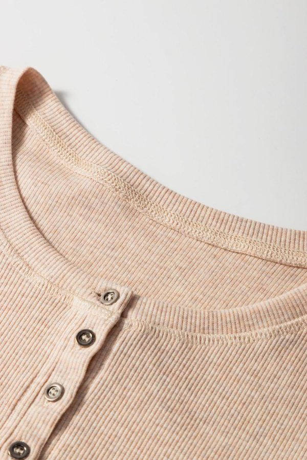 Women T Shirts | Oatmeal Short Sleeve Half Button Ribbed Top - Image 5