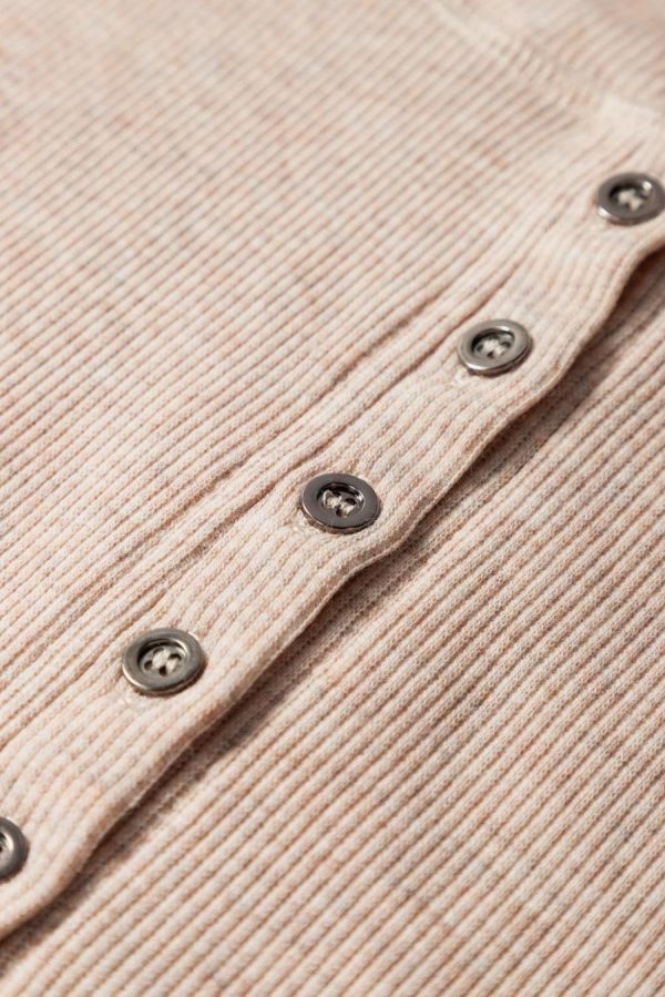 Women T Shirts | Oatmeal Short Sleeve Half Button Ribbed Top - Image 6
