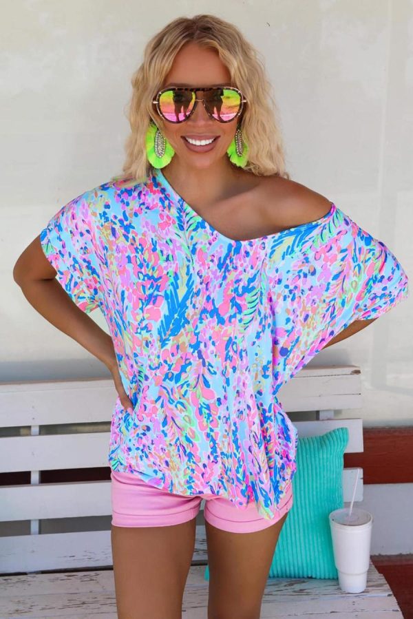 Women T Shirts | Pastel Blue Abstract Floral Print Short Sleeve V Neck T Shirt