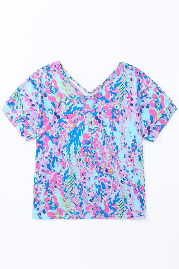 Women T Shirts | Pastel Blue Abstract Floral Print Short Sleeve V Neck T Shirt - Image 4
