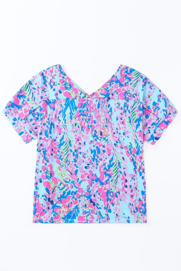 Women T Shirts | Pastel Blue Abstract Floral Print Short Sleeve V Neck T Shirt - Image 5