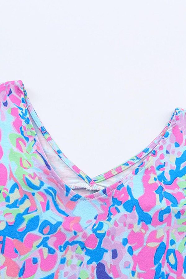 Women T Shirts | Pastel Blue Abstract Floral Print Short Sleeve V Neck T Shirt - Image 6