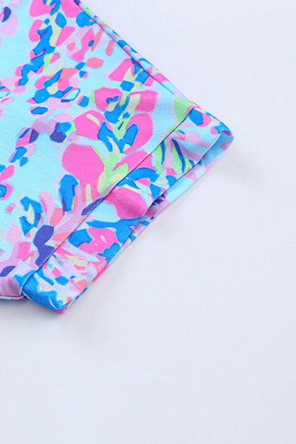 Women T Shirts | Pastel Blue Abstract Floral Print Short Sleeve V Neck T Shirt - Image 7
