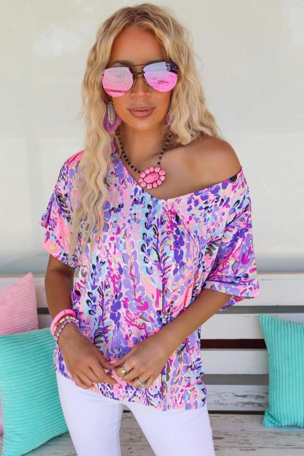 Women T Shirts | Pink Boho Abstract Floral Print V Neck T Shirt