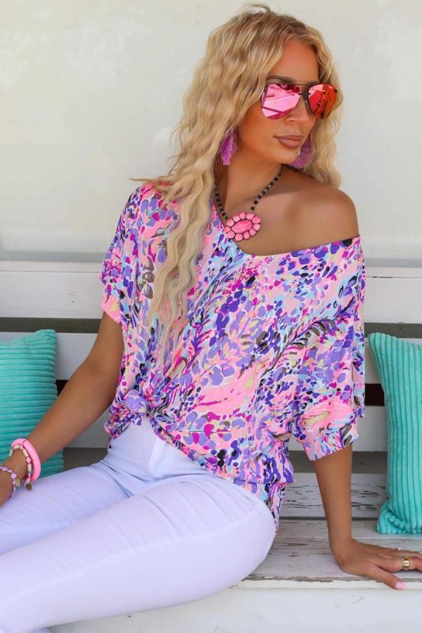 Women T Shirts | Pink Boho Abstract Floral Print V Neck T Shirt - Image 2