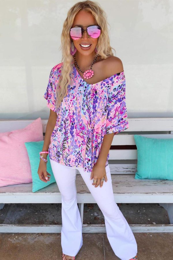 Women T Shirts | Pink Boho Abstract Floral Print V Neck T Shirt - Image 3