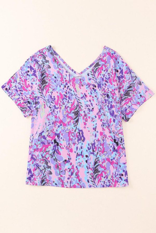 Women T Shirts | Pink Boho Abstract Floral Print V Neck T Shirt - Image 5