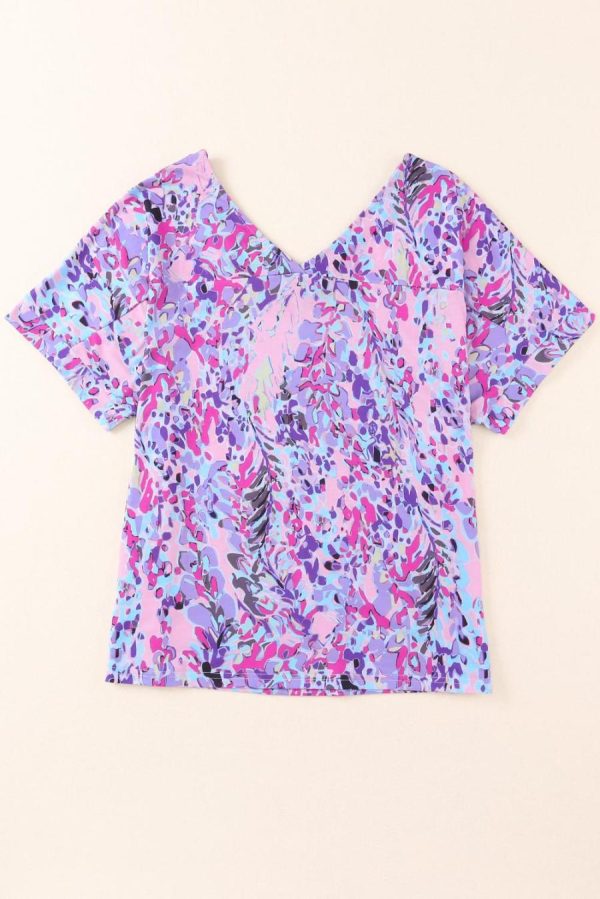 Women T Shirts | Pink Boho Abstract Floral Print V Neck T Shirt - Image 6