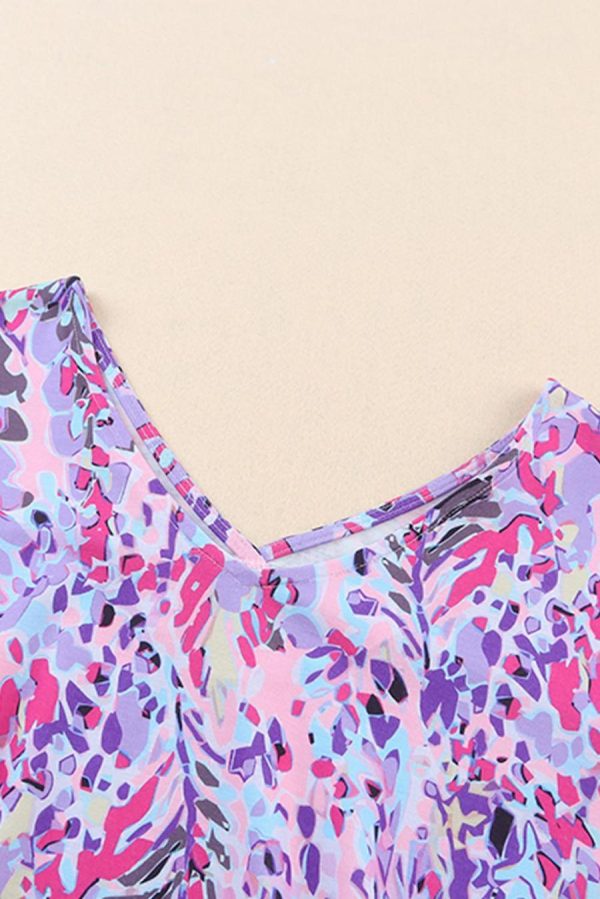 Women T Shirts | Pink Boho Abstract Floral Print V Neck T Shirt - Image 7