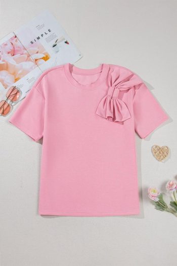 Women T Shirts | Pink Bow Applique Solid Color Sweet T-Shirt