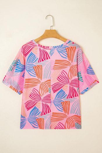 Women T Shirts | Pink Bowknot Print Waffle Loose Tee