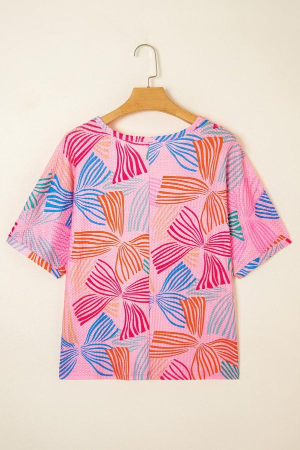 Women T Shirts | Pink Bowknot Print Waffle Loose Tee