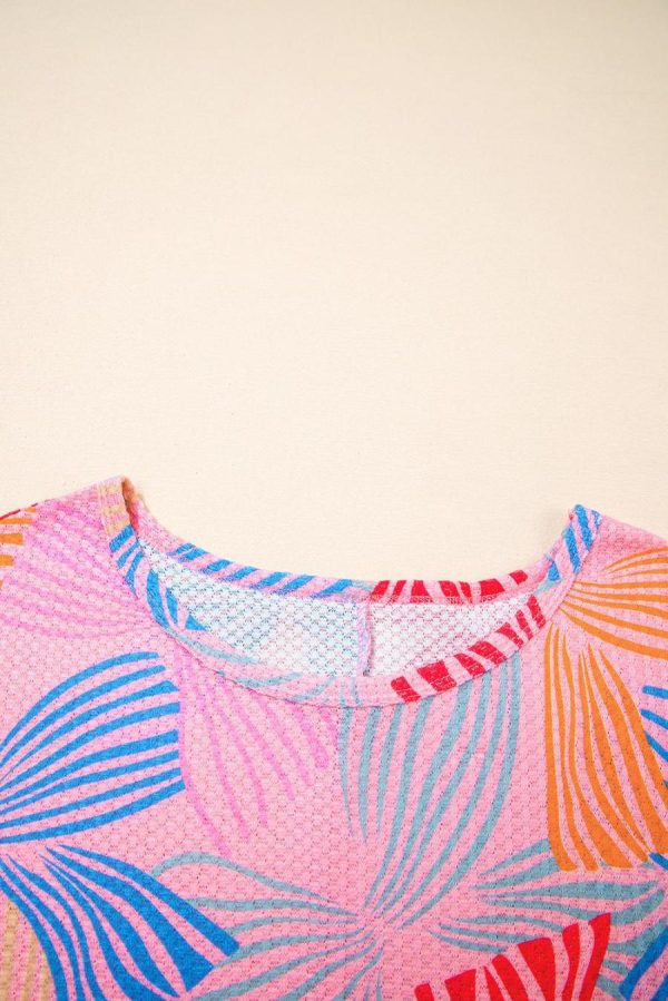 Women T Shirts | Pink Bowknot Print Waffle Loose Tee - Image 2