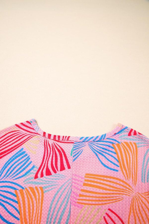 Women T Shirts | Pink Bowknot Print Waffle Loose Tee - Image 3