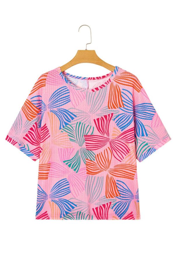 Women T Shirts | Pink Bowknot Print Waffle Loose Tee - Image 7
