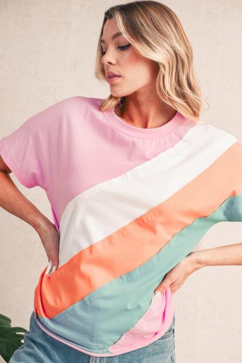 Women T Shirts | Pink Color Block Patchwork Seamed Crewneck T Shirt