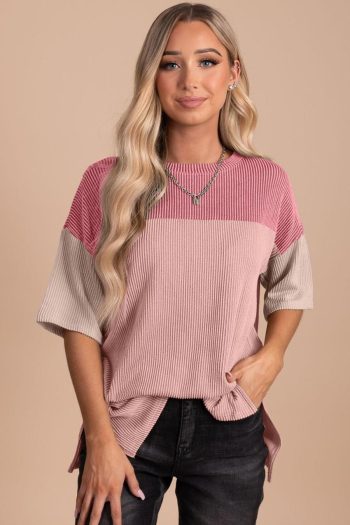 Women T Shirts | Pink Color Block Ribbed Side Slits Half Sleeve Top