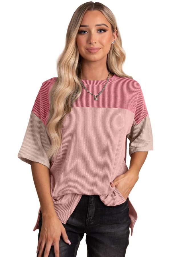 Women T Shirts | Pink Color Block Ribbed Side Slits Half Sleeve Top - Image 2