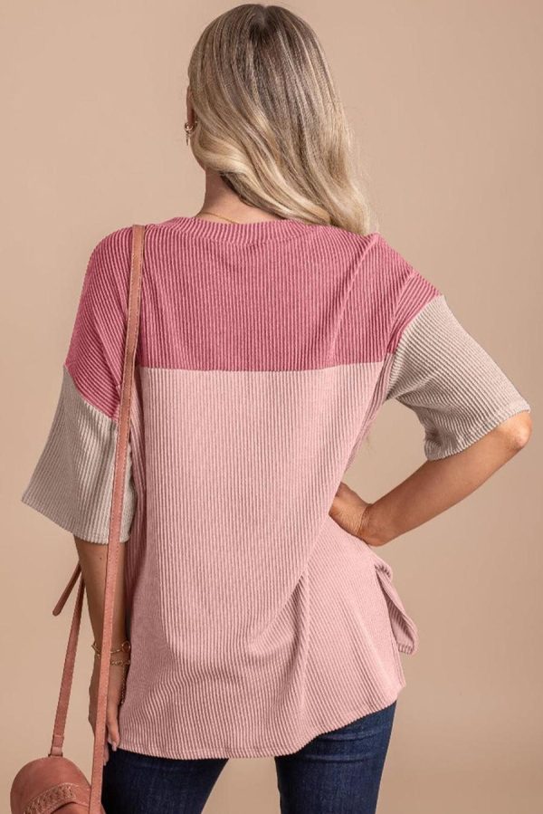 Women T Shirts | Pink Color Block Ribbed Side Slits Half Sleeve Top - Image 3