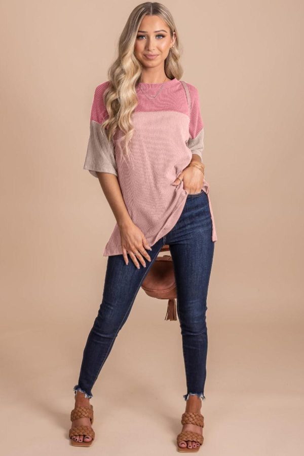 Women T Shirts | Pink Color Block Ribbed Side Slits Half Sleeve Top - Image 4