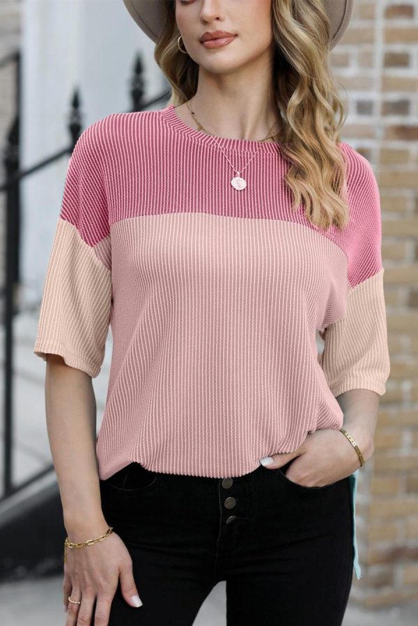 Women T Shirts | Pink Color Block Ribbed Side Slits Half Sleeve Top - Image 6
