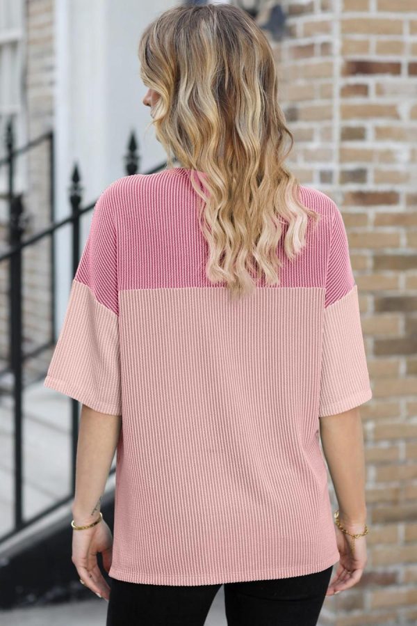 Women T Shirts | Pink Color Block Ribbed Side Slits Half Sleeve Top - Image 7
