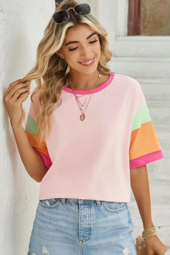 Women T Shirts | Pink Color Block Sleeve Round Neck Oversize Top