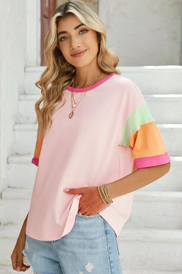 Women T Shirts | Pink Color Block Sleeve Round Neck Oversize Top - Image 3