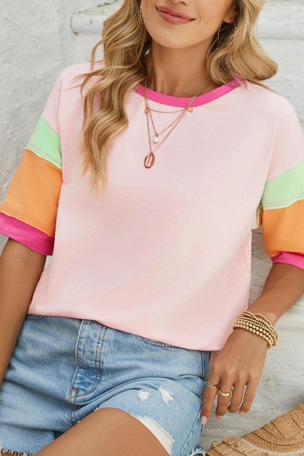 Women T Shirts | Pink Color Block Sleeve Round Neck Oversize Top - Image 4