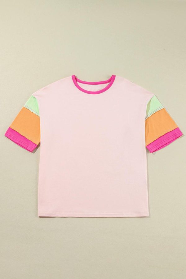 Women T Shirts | Pink Color Block Sleeve Round Neck Oversize Top - Image 5