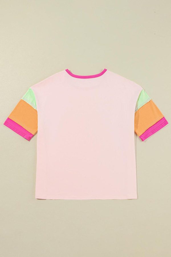 Women T Shirts | Pink Color Block Sleeve Round Neck Oversize Top - Image 6