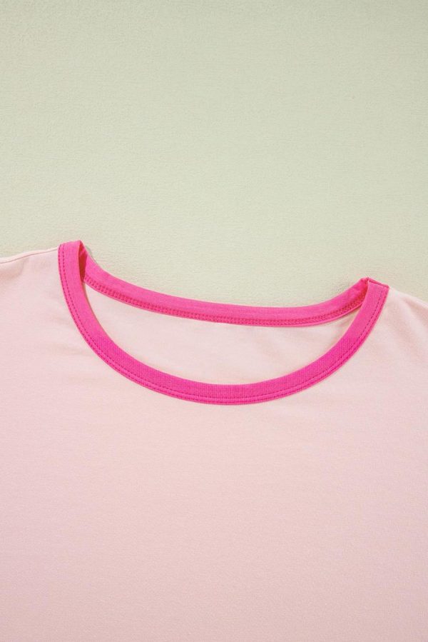 Women T Shirts | Pink Color Block Sleeve Round Neck Oversize Top - Image 7