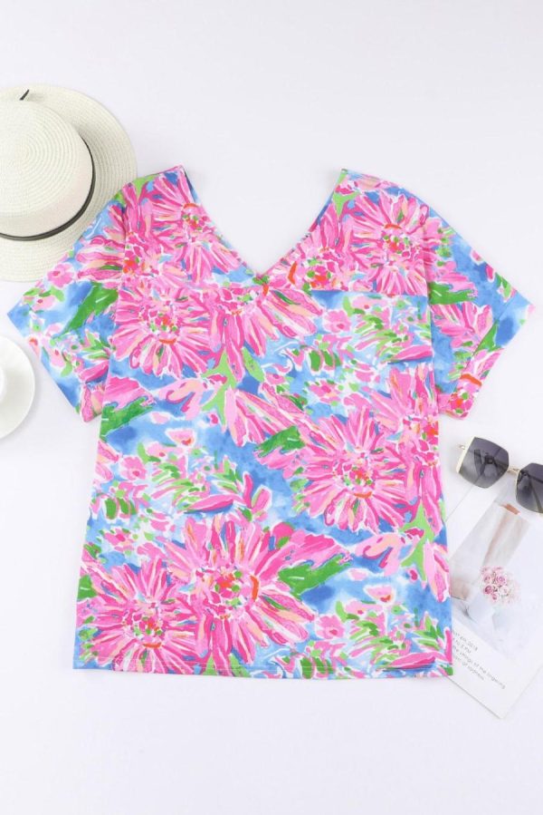 Women T Shirts | Pink Floral Print Loose Fit V Neck T Shirt - Image 3