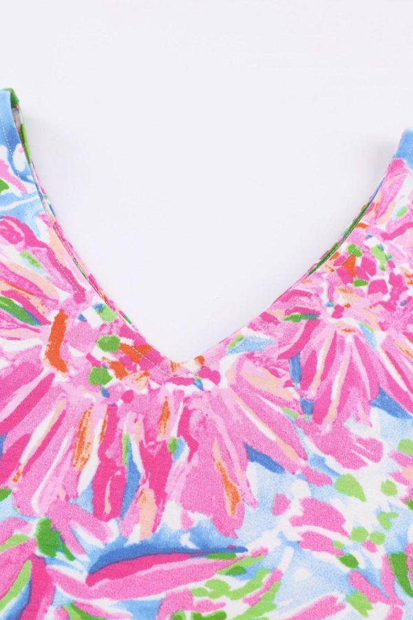 Women T Shirts | Pink Floral Print Loose Fit V Neck T Shirt - Image 4