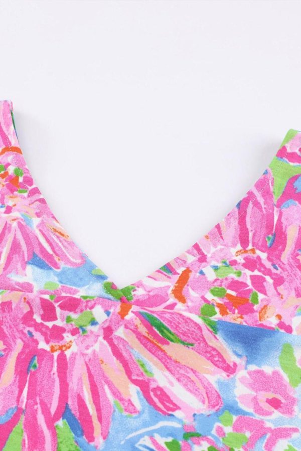 Women T Shirts | Pink Floral Print Loose Fit V Neck T Shirt - Image 5