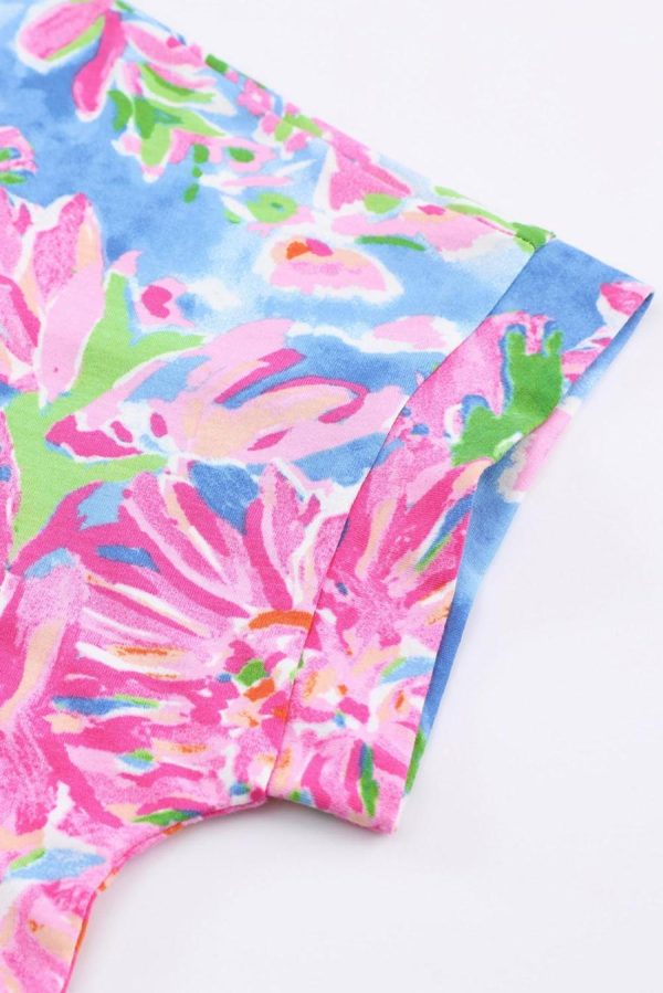 Women T Shirts | Pink Floral Print Loose Fit V Neck T Shirt - Image 7