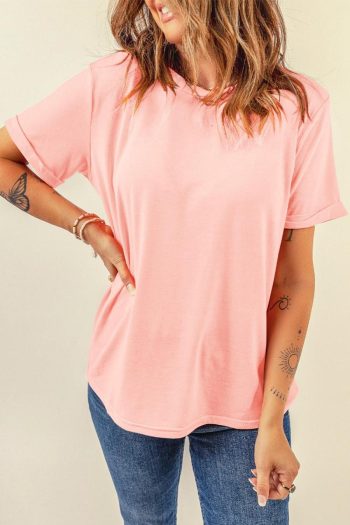 Women T Shirts | Pink Solid Color Basic Crew Neck Plain Tee