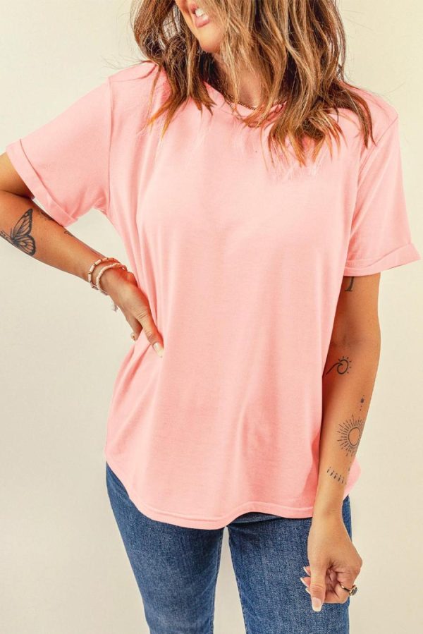 Women T Shirts | Pink Solid Color Basic Crew Neck Plain Tee