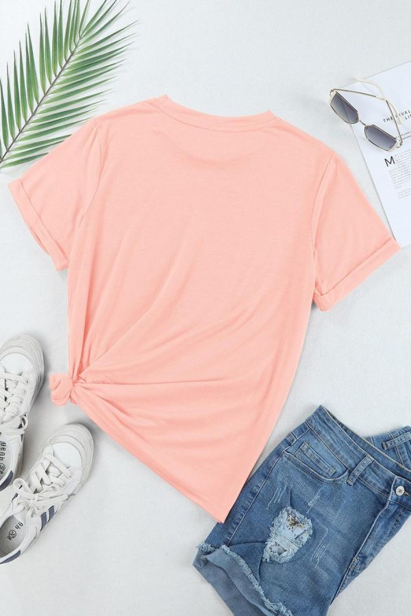 Women T Shirts | Pink Solid Color Basic Crew Neck Plain Tee - Image 2