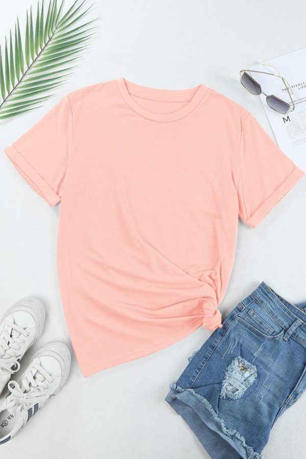 Women T Shirts | Pink Solid Color Basic Crew Neck Plain Tee - Image 3