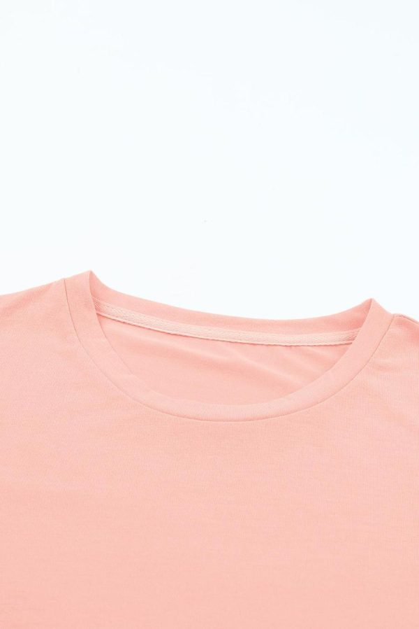 Women T Shirts | Pink Solid Color Basic Crew Neck Plain Tee - Image 4