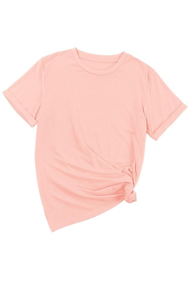 Women T Shirts | Pink Solid Color Basic Crew Neck Plain Tee - Image 7