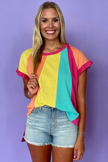 Women T Shirts | Rose Red Colorblock Ruffle Sleeve Loose Fit T Shirt