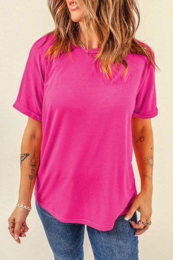 Women T Shirts | Rose Red Solid Color Crew Neck Roll Up Sleeve Tee