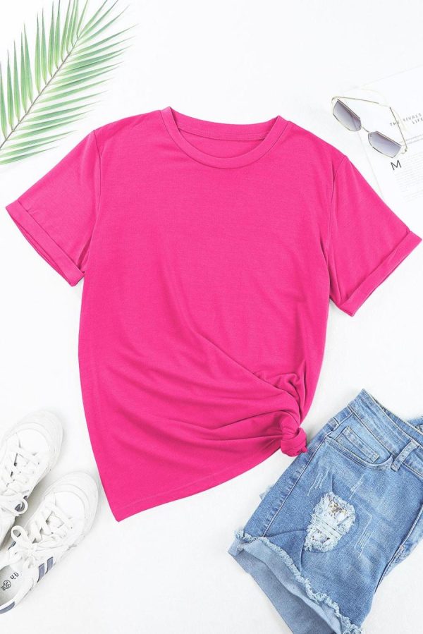Women T Shirts | Rose Red Solid Color Crew Neck Roll Up Sleeve Tee - Image 2