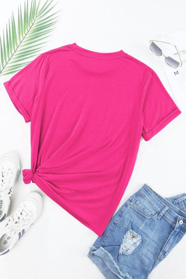 Women T Shirts | Rose Red Solid Color Crew Neck Roll Up Sleeve Tee - Image 3