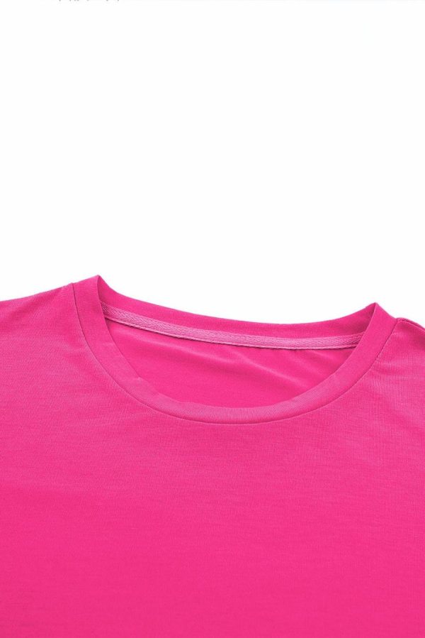 Women T Shirts | Rose Red Solid Color Crew Neck Roll Up Sleeve Tee - Image 4