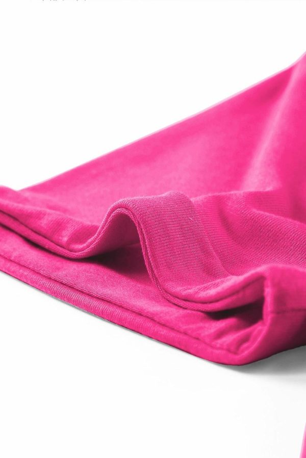Women T Shirts | Rose Red Solid Color Crew Neck Roll Up Sleeve Tee - Image 5