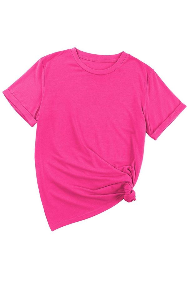 Women T Shirts | Rose Red Solid Color Crew Neck Roll Up Sleeve Tee - Image 7