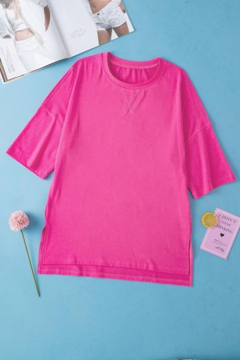 Women T Shirts | Rose Red Solid Color Side Slit Tunic Top